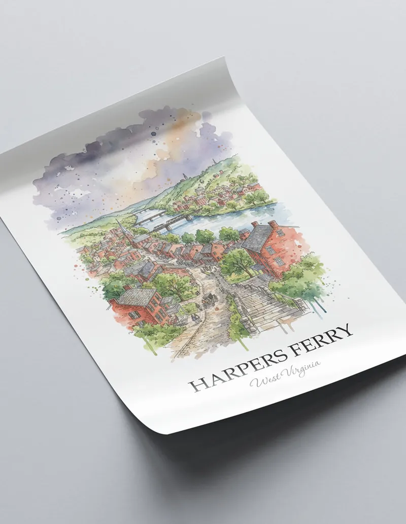 A close-up of a high-quality paper print featuring the Harpers Ferry city minimalist design.