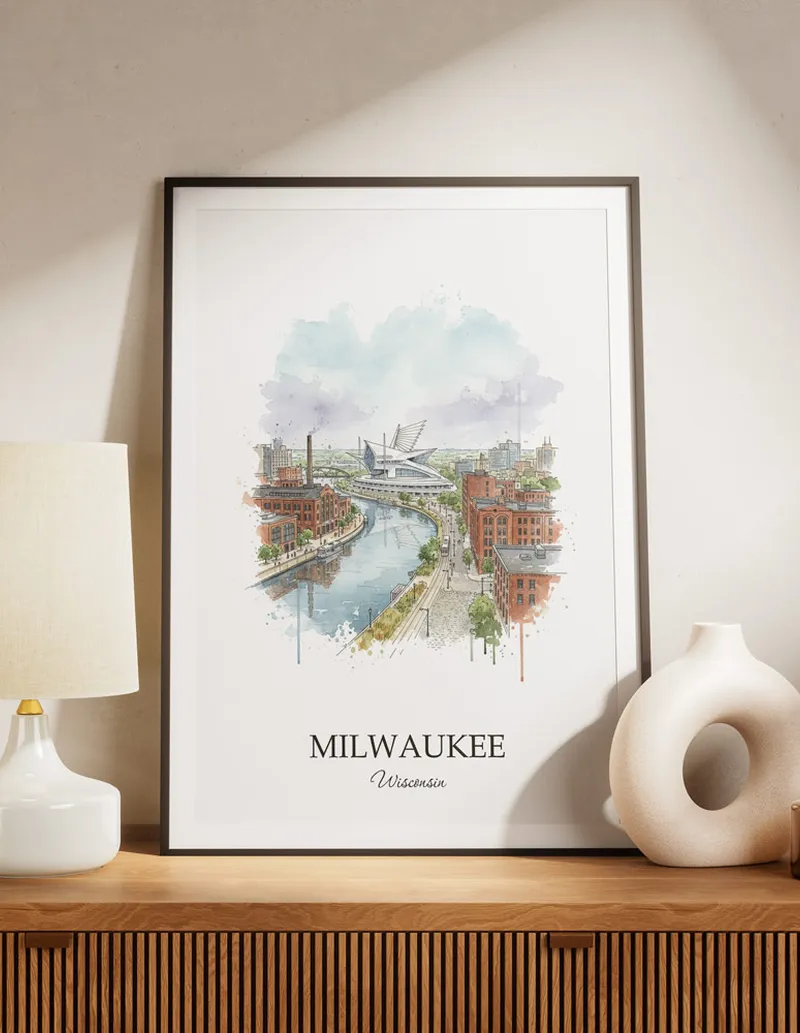 A lovely interior preview showcasing a vintage-vibe travel poster design of the scenic Milwaukee city.