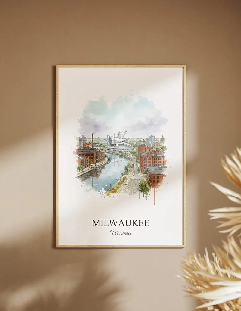 A clean and modern mockup showing a framed Milwaukee city print on a minimalist background.