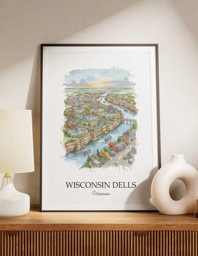 A lovely interior preview showcasing a vintage-vibe travel poster design of the scenic Wisconsin Dells city.