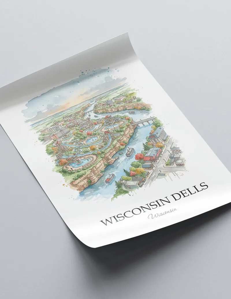 A close-up of a high-quality paper print featuring the Wisconsin Dells city minimalist design.