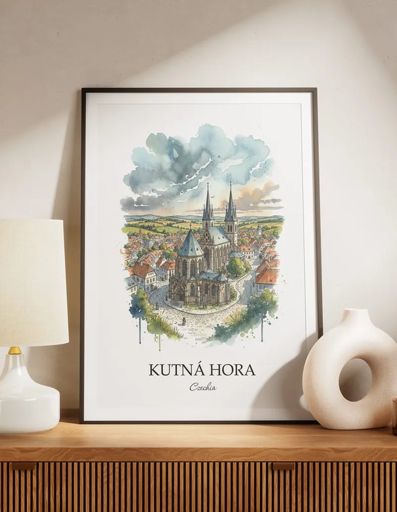 A lovely interior preview showcasing a vintage-vibe travel poster design of the scenic Kutná Hora city.
