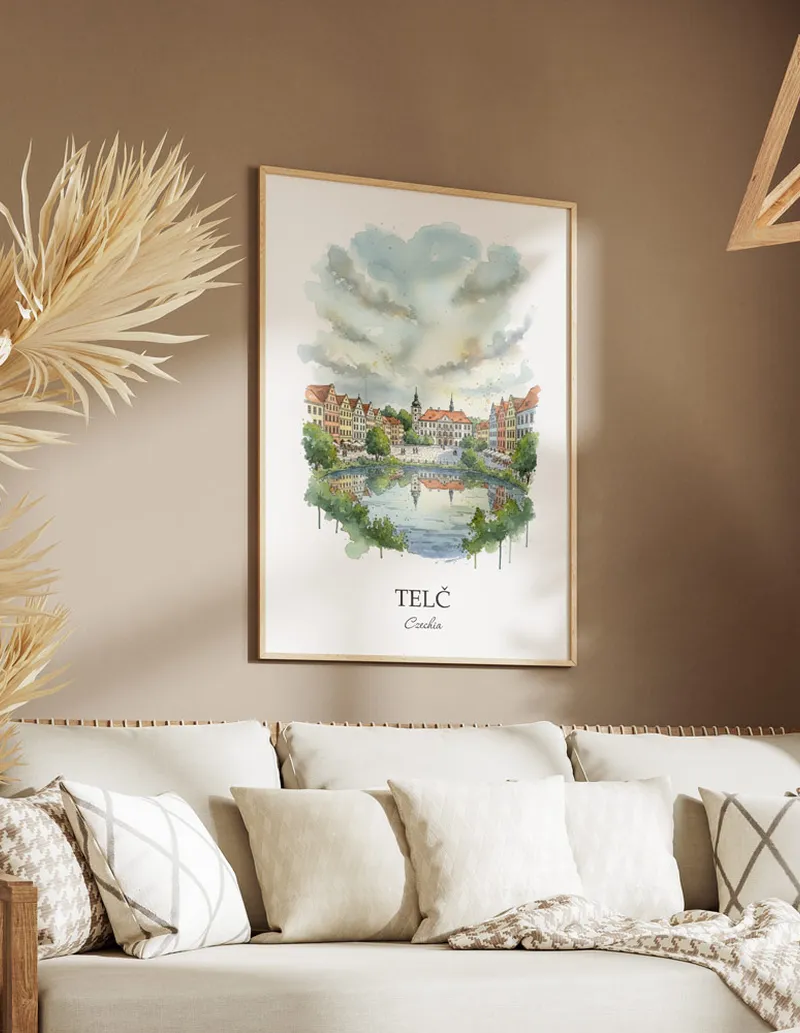 Vintage travel poster of Tel_ city, Czechia in a light frame displayed above a sofa in a bright boho interior.