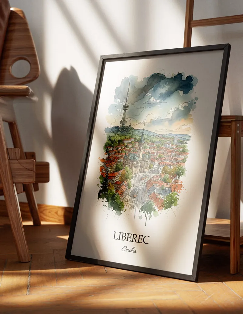 Minimalist poster of Liberec city in Czechia in a light frame standing on the floor in a dark moody interior.