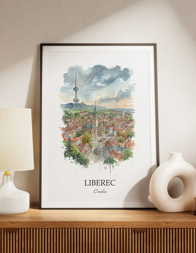 A lovely interior preview showcasing a vintage-vibe travel poster design of the scenic Liberec city.