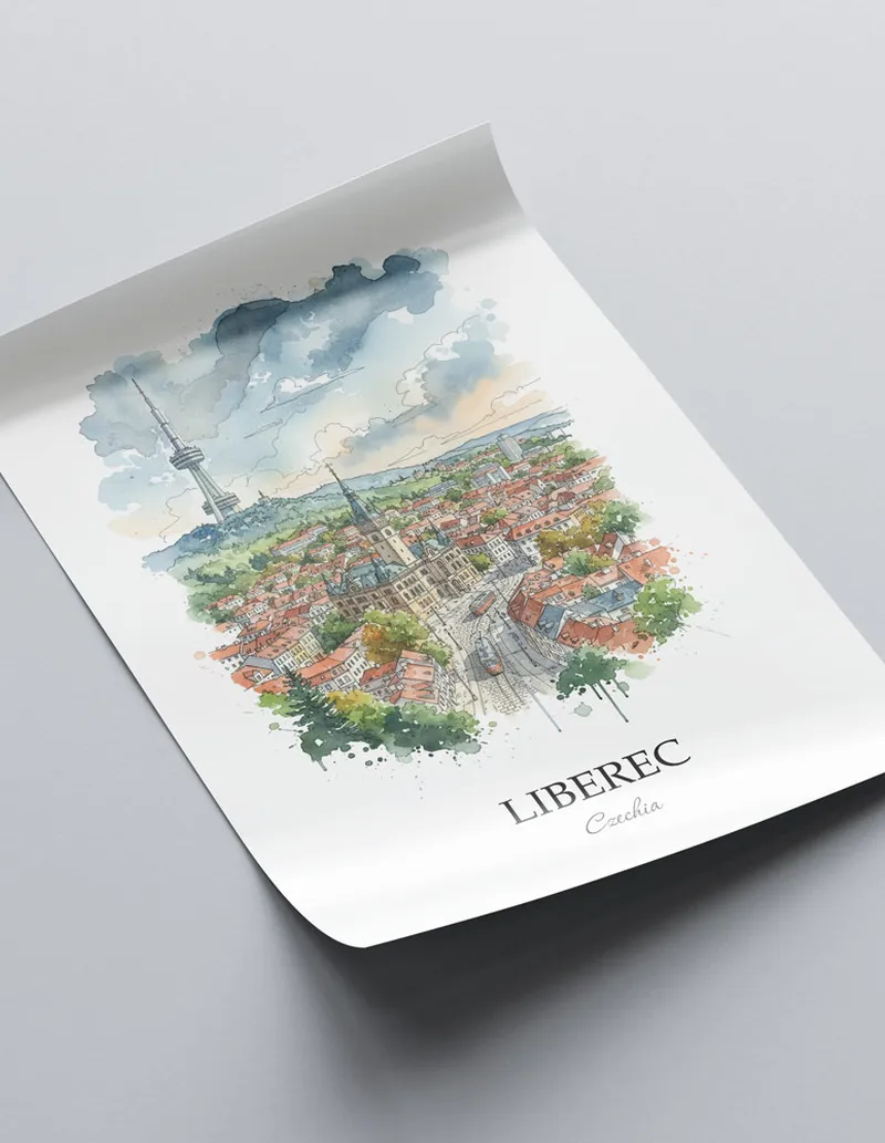 A close-up of a high-quality paper print featuring the Liberec city minimalist design.