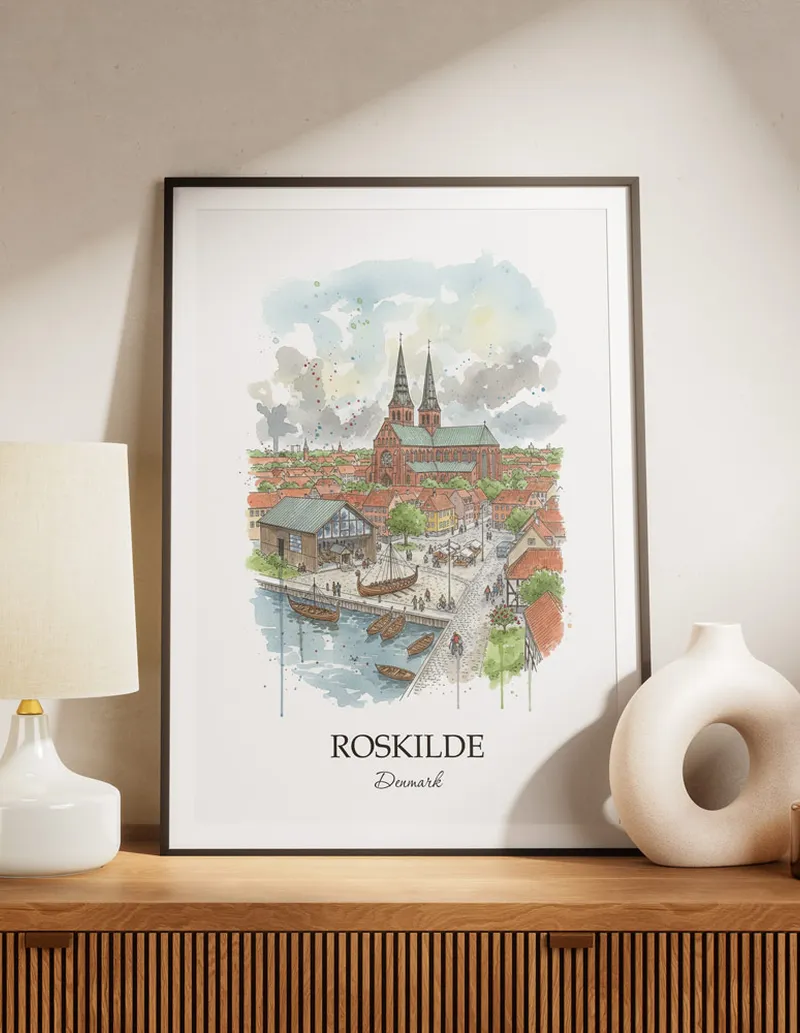A lovely interior preview showcasing a vintage-vibe travel poster design of the scenic Roskilde city.