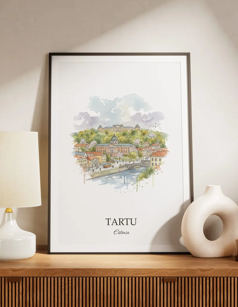 A lovely interior preview showcasing a vintage-vibe travel poster design of the scenic Tartu city.