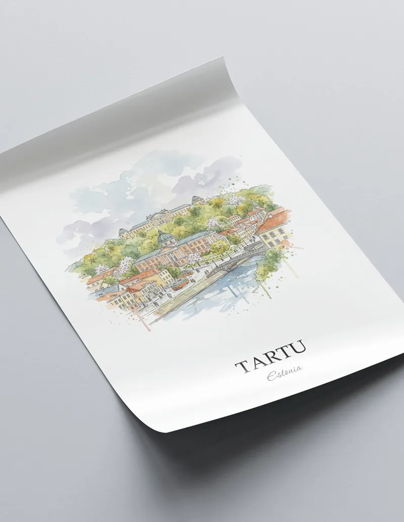 A close-up of a high-quality paper print featuring the Tartu city minimalist design.