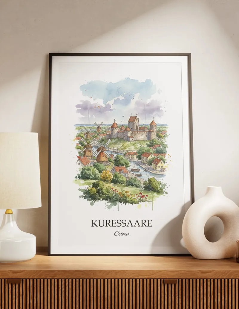 A lovely interior preview showcasing a vintage-vibe travel poster design of the scenic Kuressaare city.