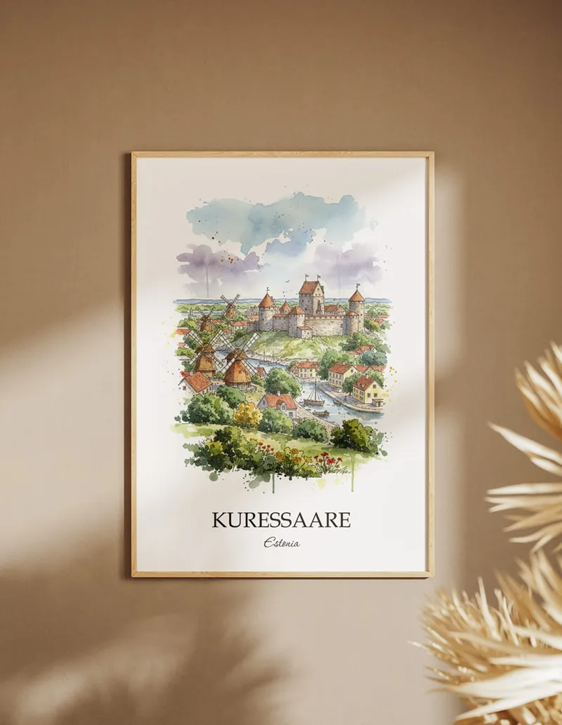A clean and modern mockup showing a framed Kuressaare city print on a minimalist background.