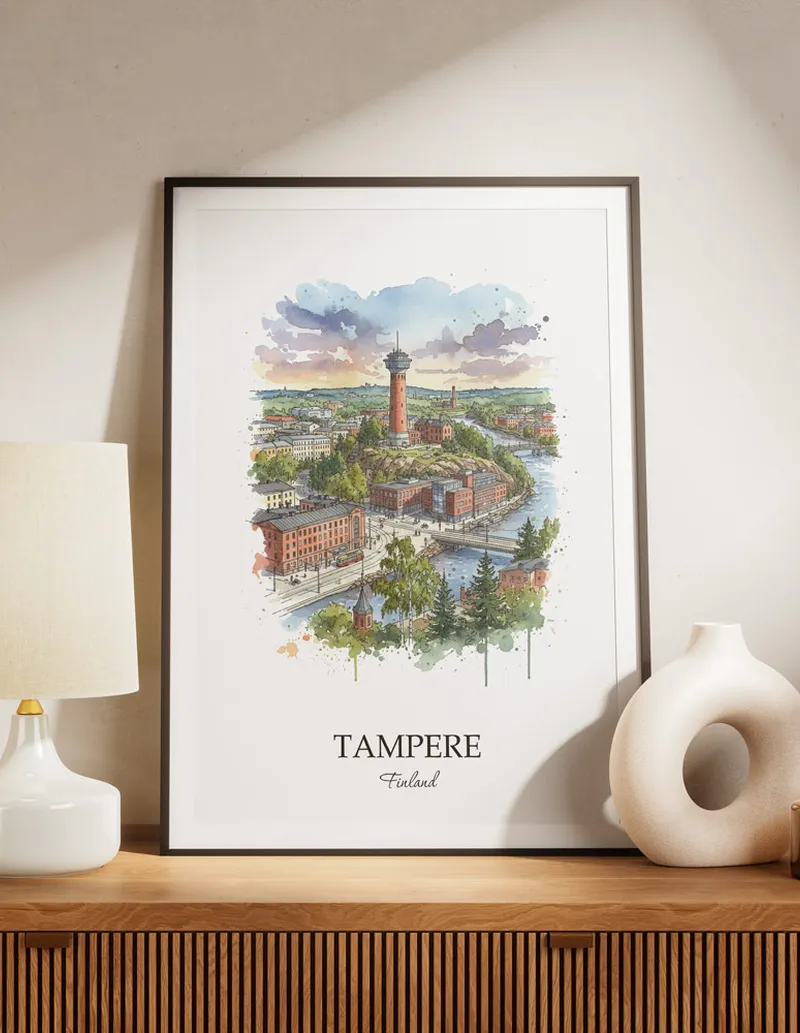 A lovely interior preview showcasing a vintage-vibe travel poster design of the scenic Tampere city.