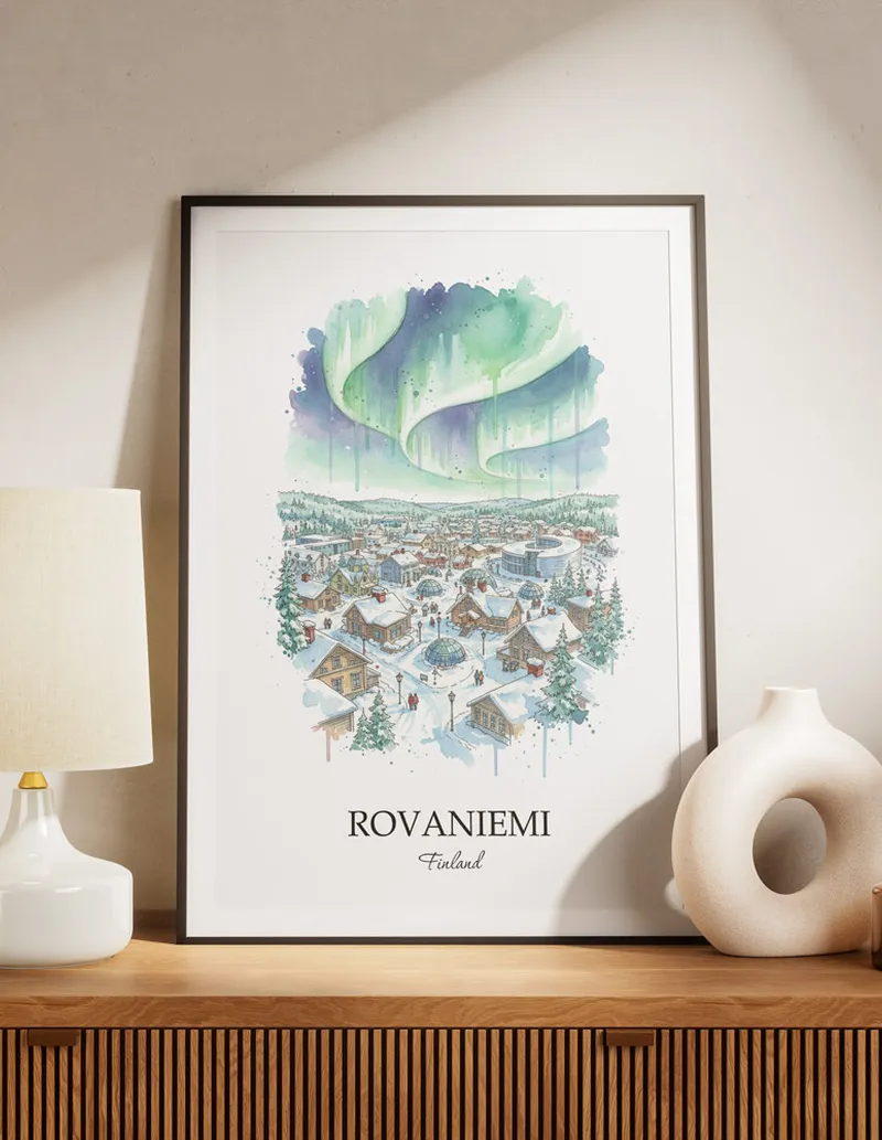 A lovely interior preview showcasing a vintage-vibe travel poster design of the scenic Rovaniemi city.