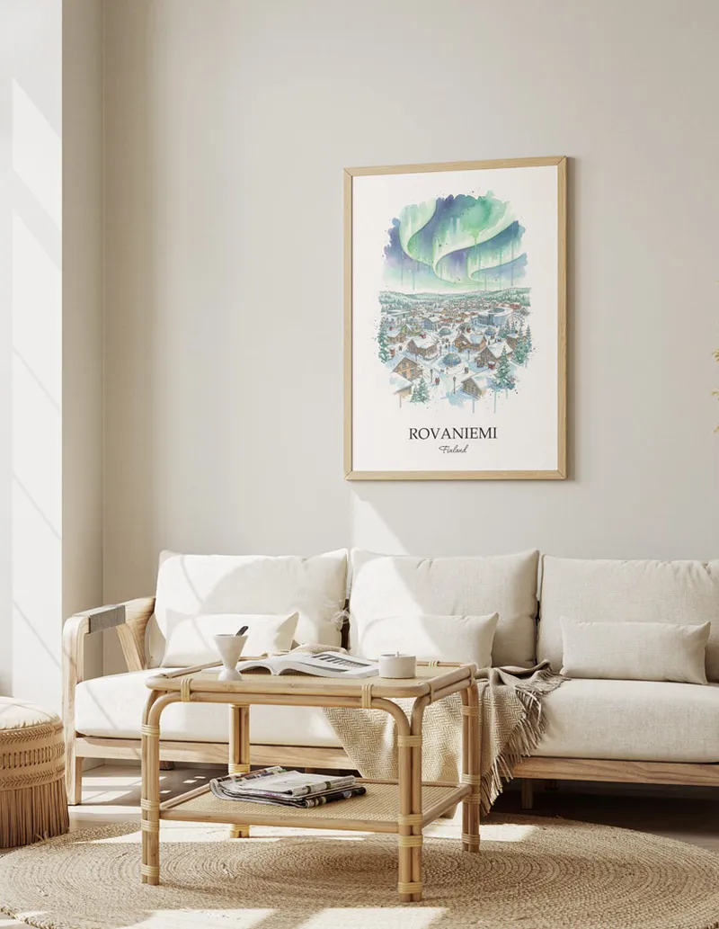 Framed wall art featuring Rovaniemi, Finland in a light wood frame hanging above a sofa in a modern living room.