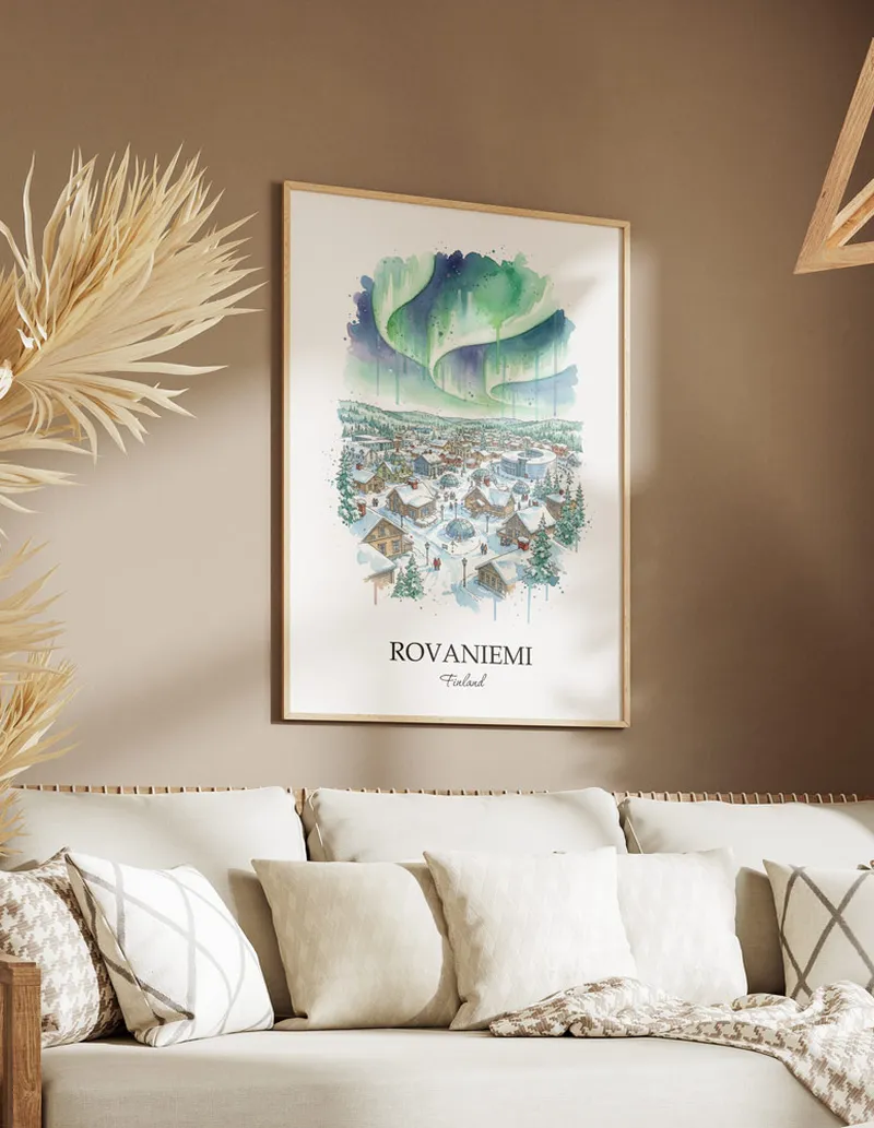 Vintage travel poster of Rovaniemi city, Finland in a light frame displayed above a sofa in a bright boho interior.