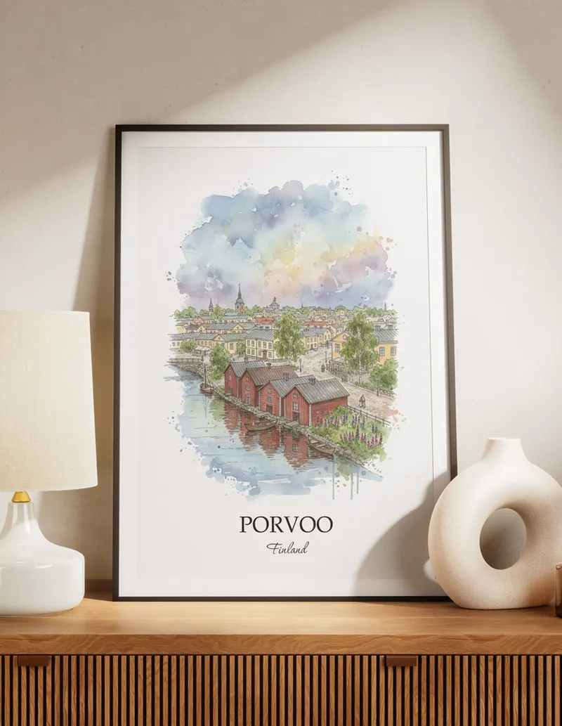 A lovely interior preview showcasing a vintage-vibe travel poster design of the scenic Porvoo city.