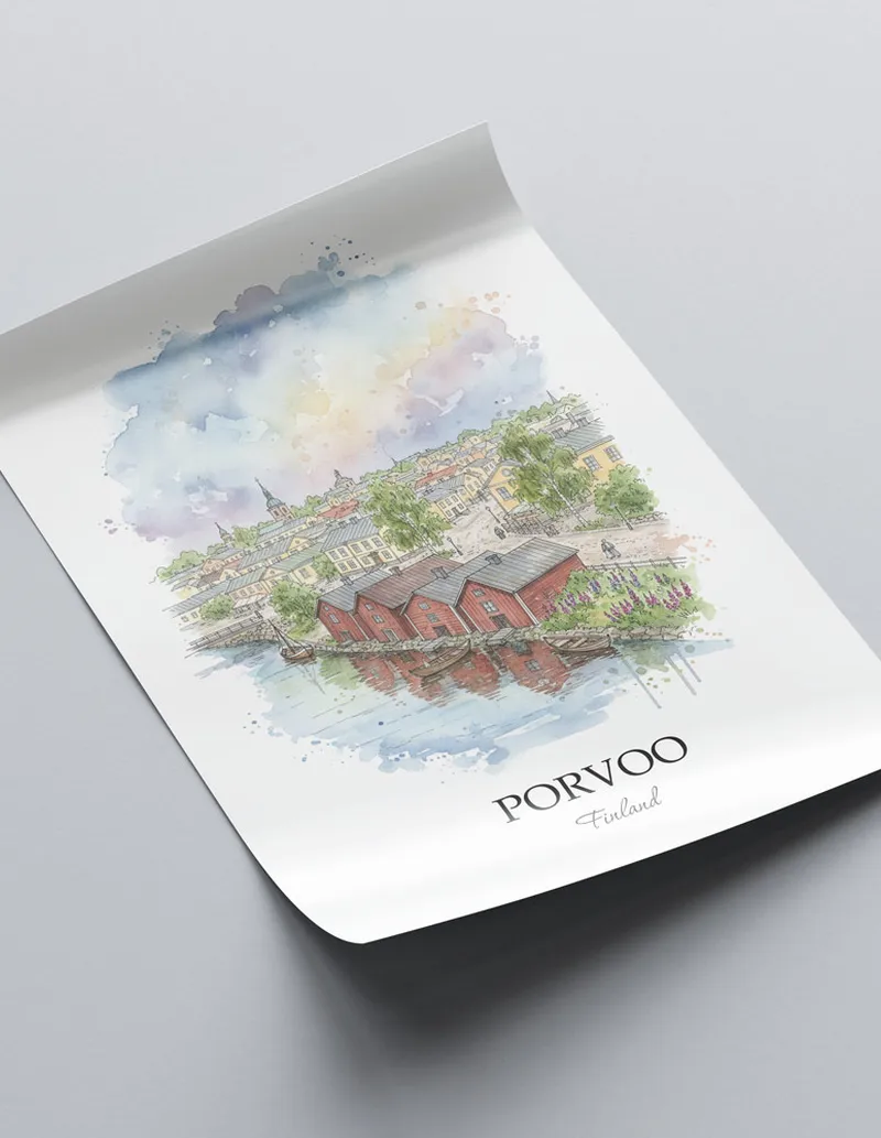A close-up of a high-quality paper print featuring the Porvoo city minimalist design.