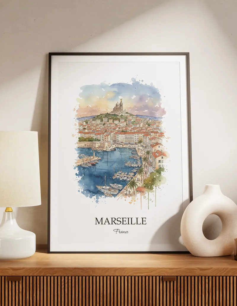A lovely interior preview showcasing a vintage-vibe travel poster design of the scenic Marseille city.