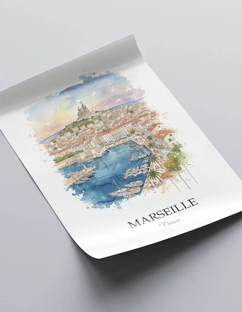 A close-up of a high-quality paper print featuring the Marseille city minimalist design.
