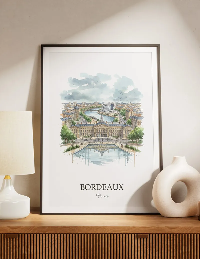 A lovely interior preview showcasing a vintage-vibe travel poster design of the scenic Bordeaux city.
