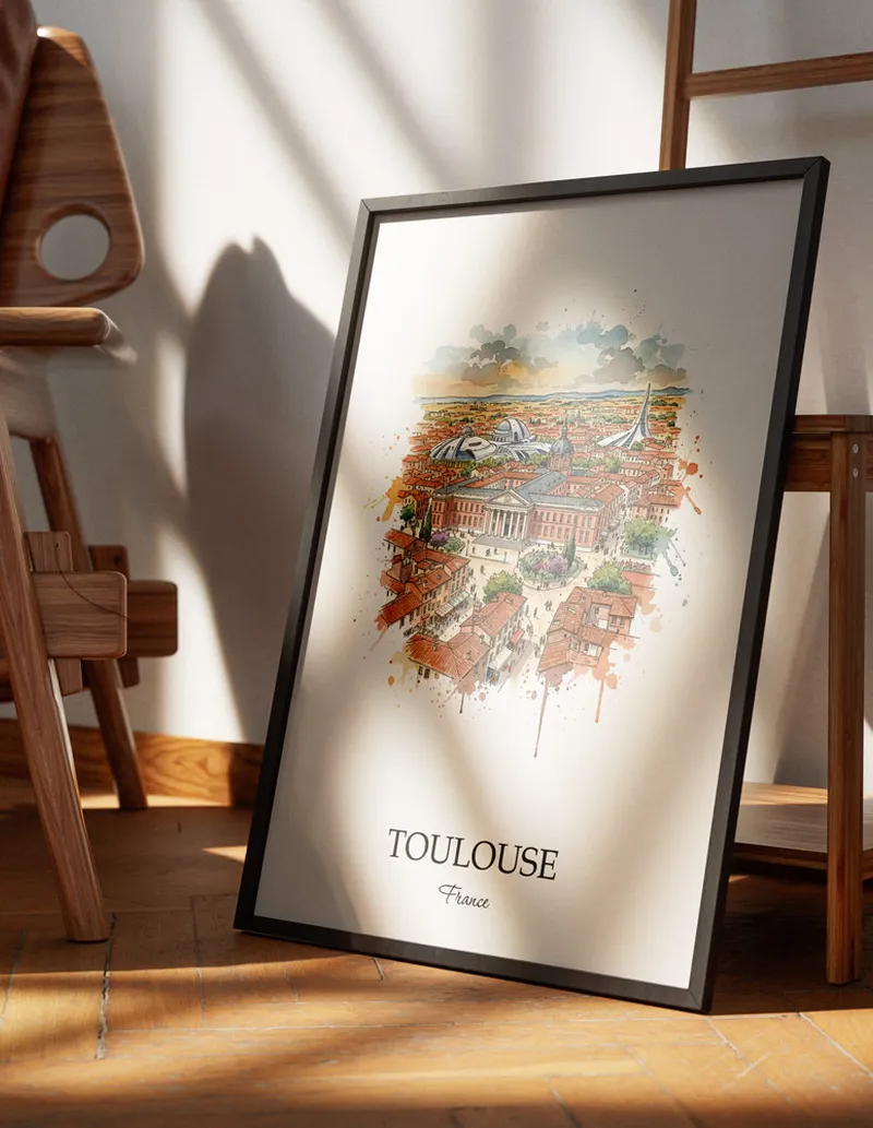 Minimalist poster of Toulouse city in France in a light frame standing on the floor in a dark moody interior.