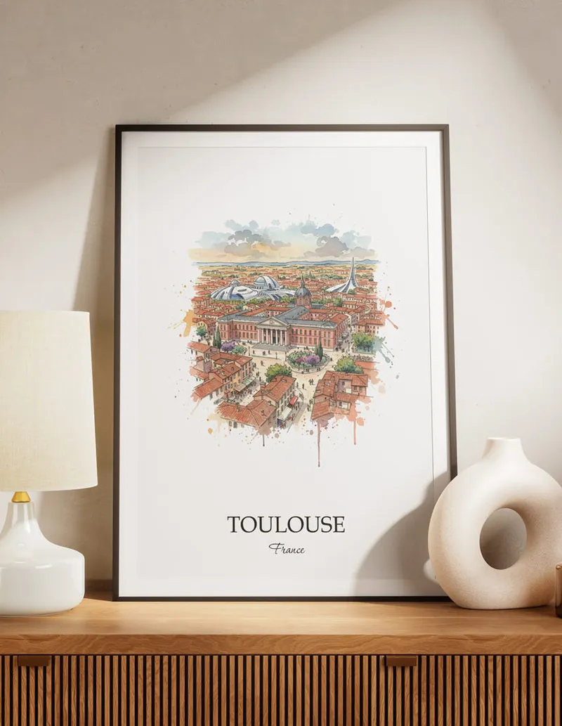 A lovely interior preview showcasing a vintage-vibe travel poster design of the scenic Toulouse city.