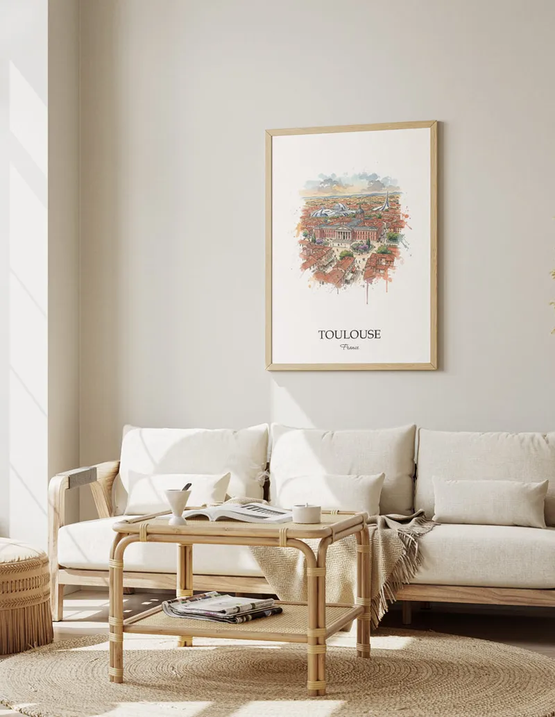 Framed wall art featuring Toulouse, France in a light wood frame hanging above a sofa in a modern living room.