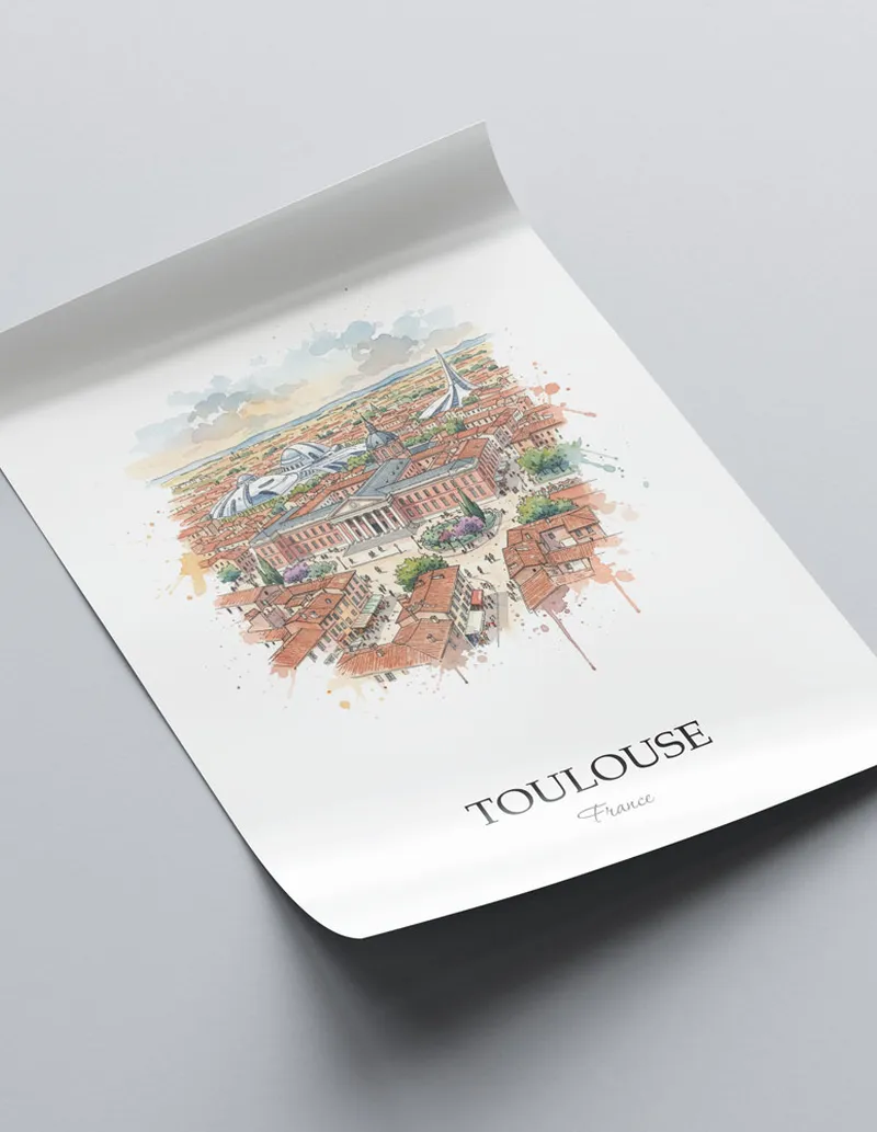A close-up of a high-quality paper print featuring the Toulouse city minimalist design.
