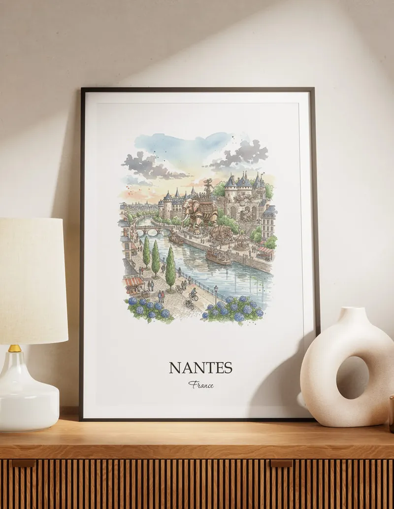 A lovely interior preview showcasing a vintage-vibe travel poster design of the scenic Nantes city.