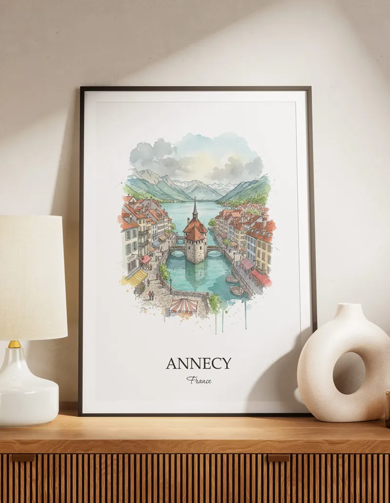 A lovely interior preview showcasing a vintage-vibe travel poster design of the scenic Annecy city.