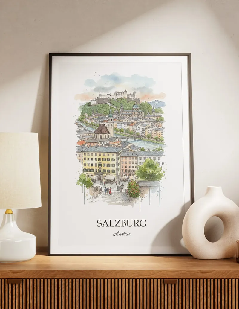 A lovely interior preview showcasing a vintage-vibe travel poster design of the scenic Salzburg city.