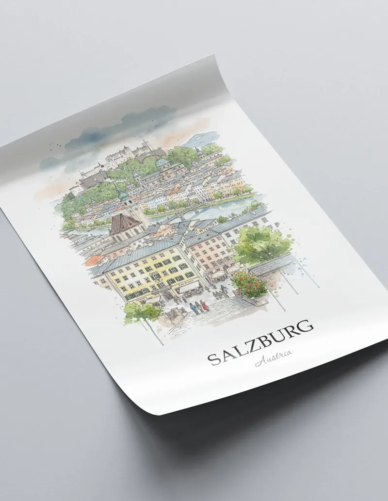 A close-up of a high-quality paper print featuring the Salzburg city minimalist design.
