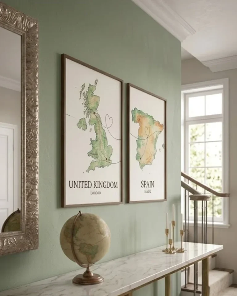 Custom watercolor travel posters and curated gallery wall print sets of various countries by UKTravelArt.