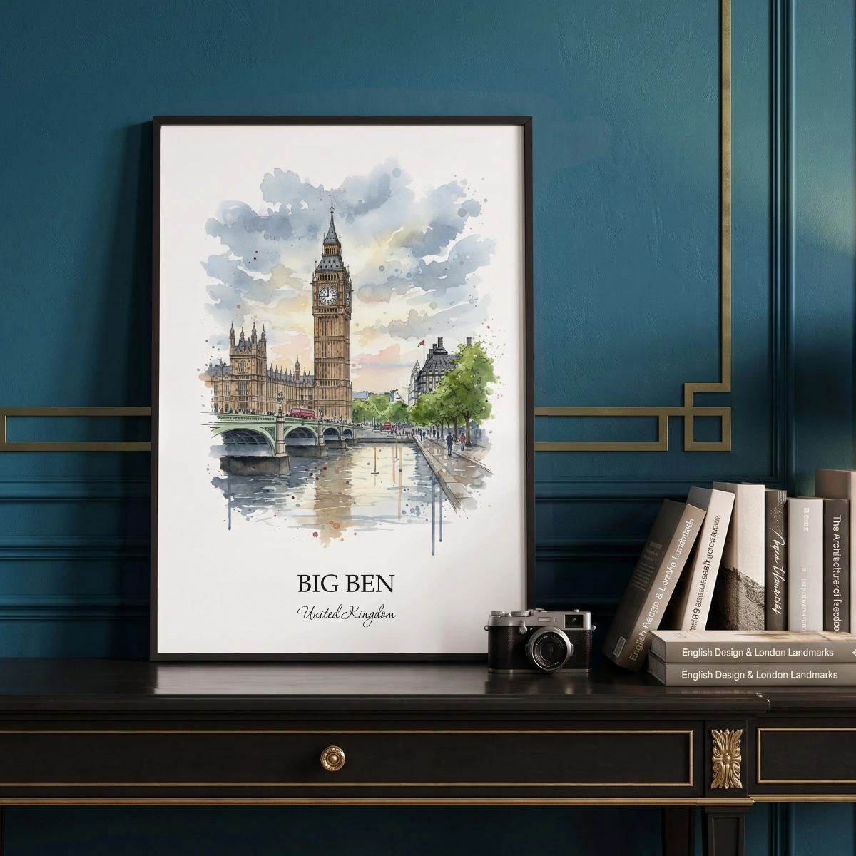 Visualization of an English style watercolor travel poster. British-themed digital and printed wall art decor by UKTravelArt.