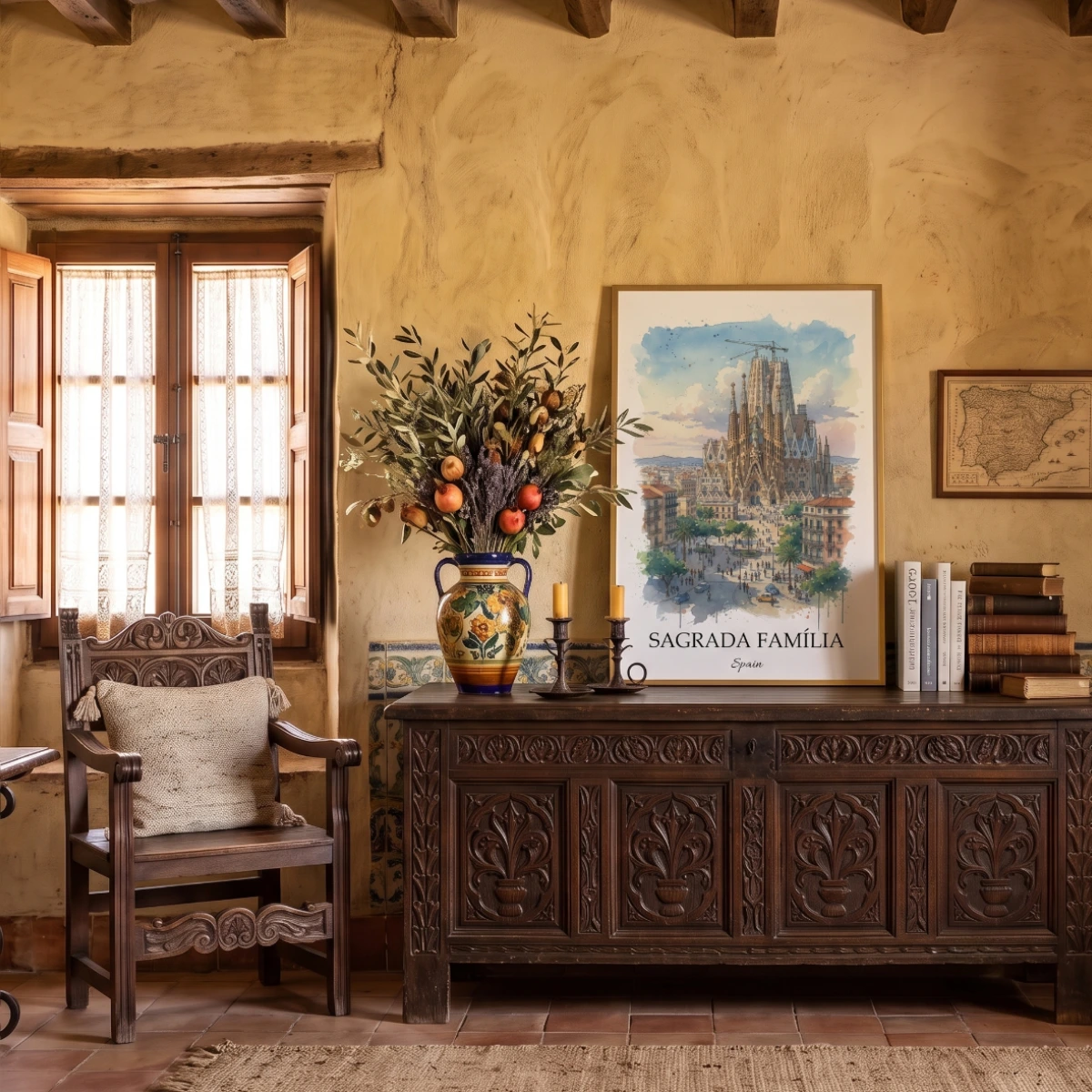 Visualization of a Spanish style watercolor travel poster. Mediterranean-themed digital and printed wall art decor by UKTravelArt.