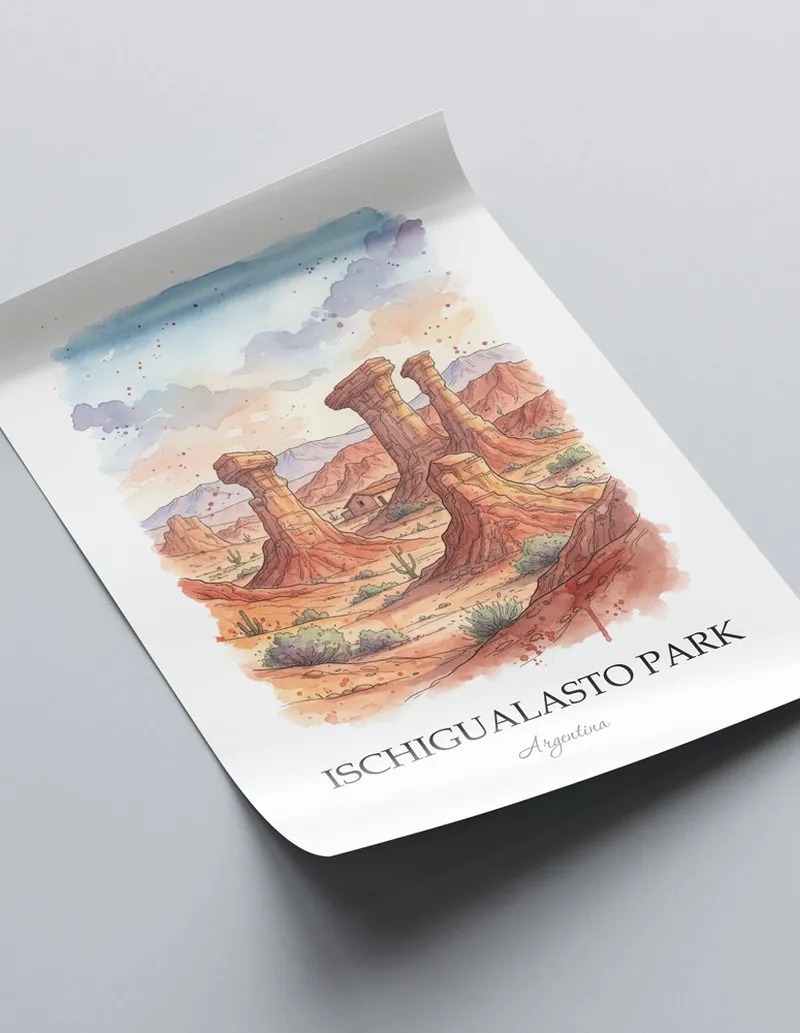 A close-up of a high-quality paper print featuring the Ischigualasto Park in Argentina minimalist design.