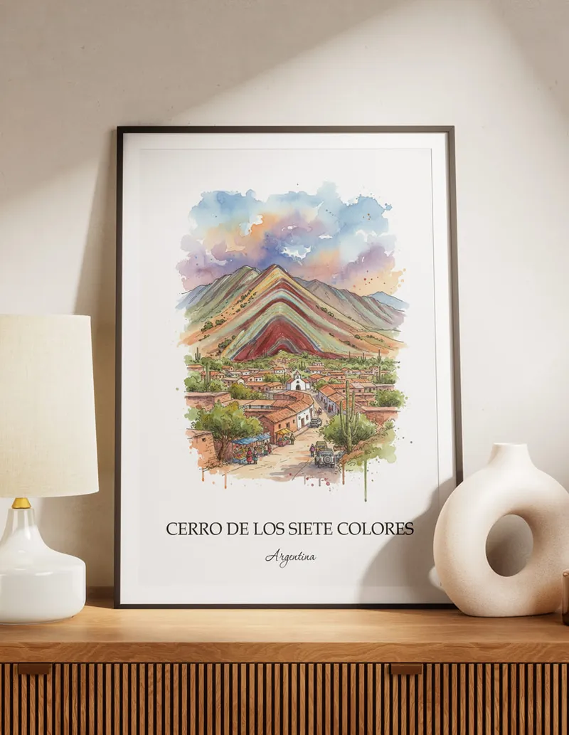 A lovely interior preview showcasing a vintage-vibe travel poster design of the scenic Cerro de los Siete Colores in Argentina.