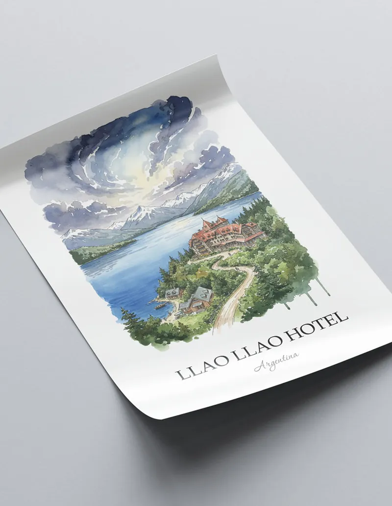 A close-up of a high-quality paper print featuring the Llao Llao Hotel in Argentina minimalist design.