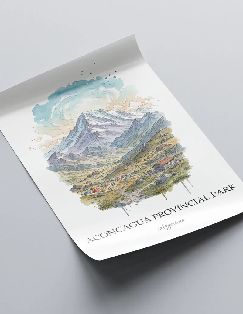 A close-up of a high-quality paper print featuring the Aconcagua Provincial Park in Argentina minimalist design.