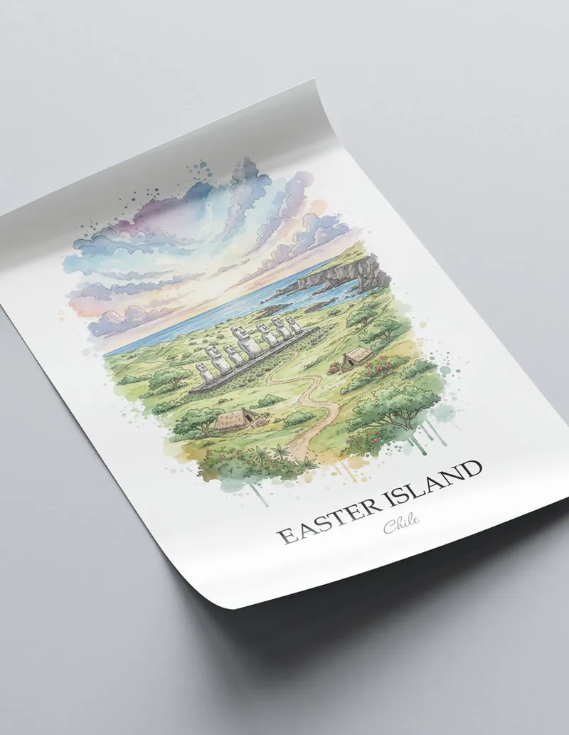 A close-up of a high-quality paper print featuring the Easter Island in Chile minimalist design.