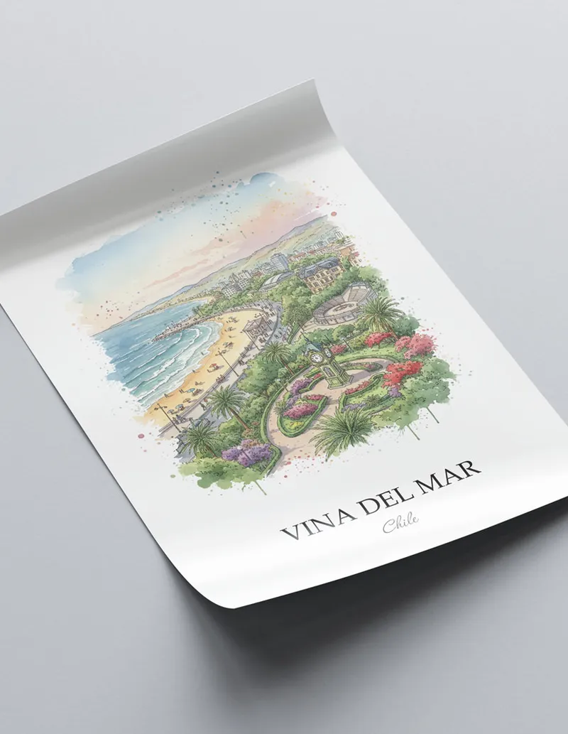 A close-up of a high-quality paper print featuring the Vina del Mar in Chile minimalist design.