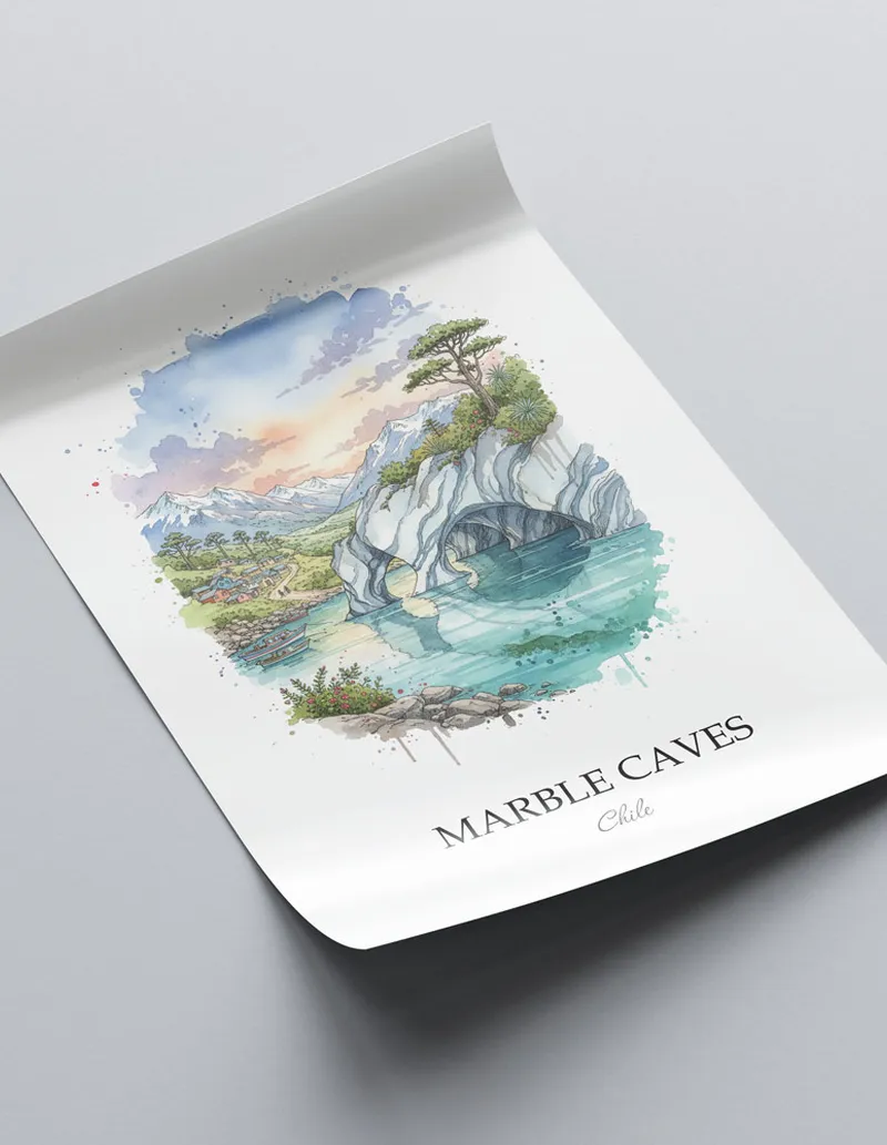 A close-up of a high-quality paper print featuring the Marble Caves in Chile minimalist design.