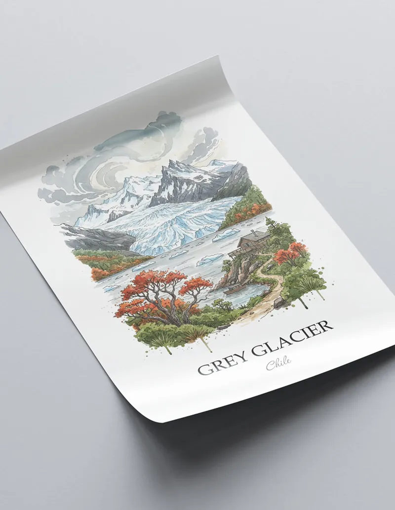 A close-up of a high-quality paper print featuring the Grey Glacier in Chile minimalist design.
