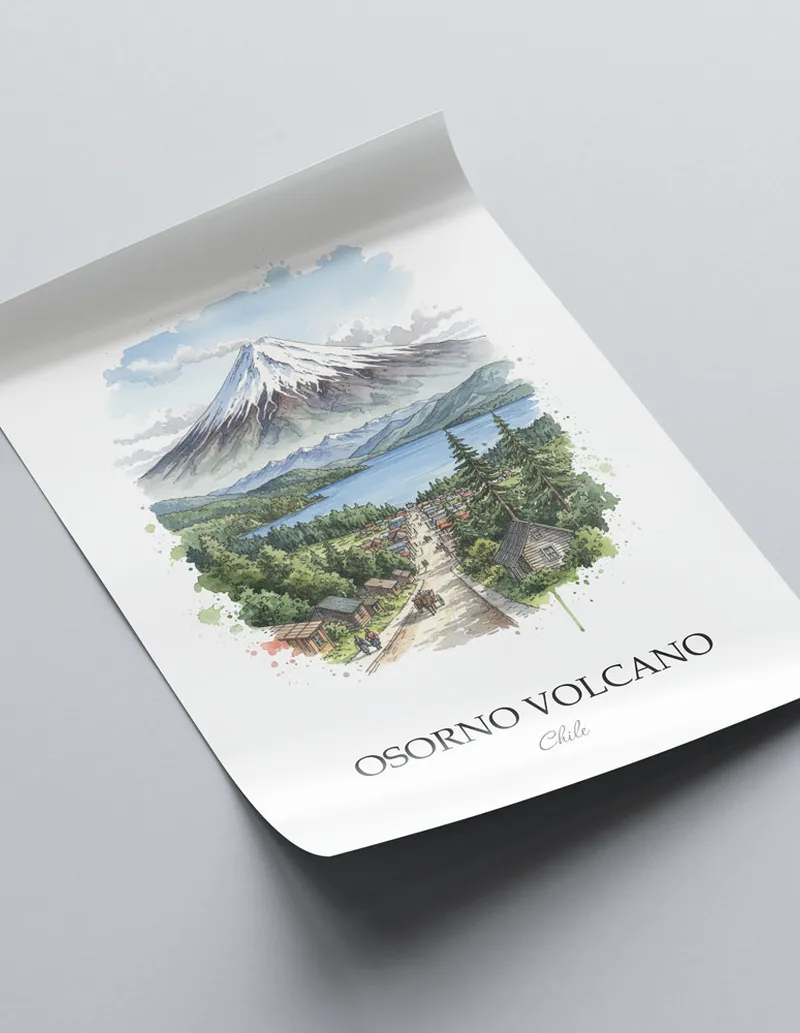A close-up of a high-quality paper print featuring the Osorno Volcano in Chile minimalist design.
