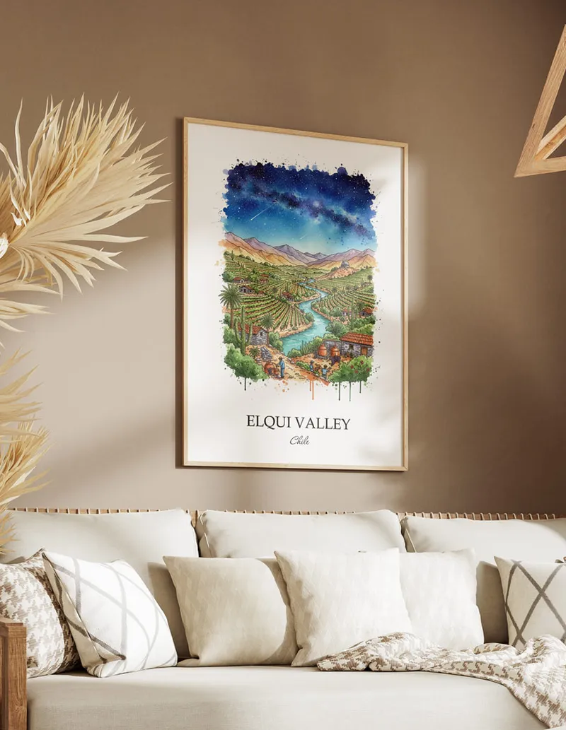 A gorgeous boho-inspired living space with a framed vintage travel poster of Elqui Valley in Chile on display.