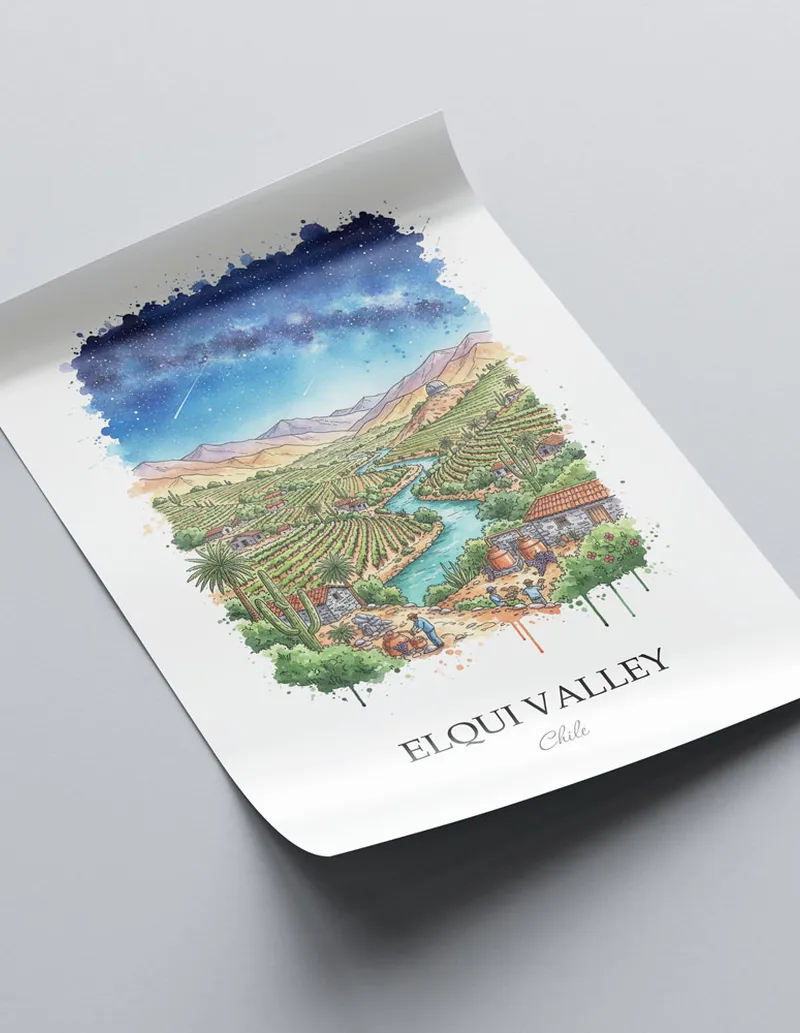 Framed wall art featuring Elqui Valley in Chile in a light wood frame leaning on the floor.