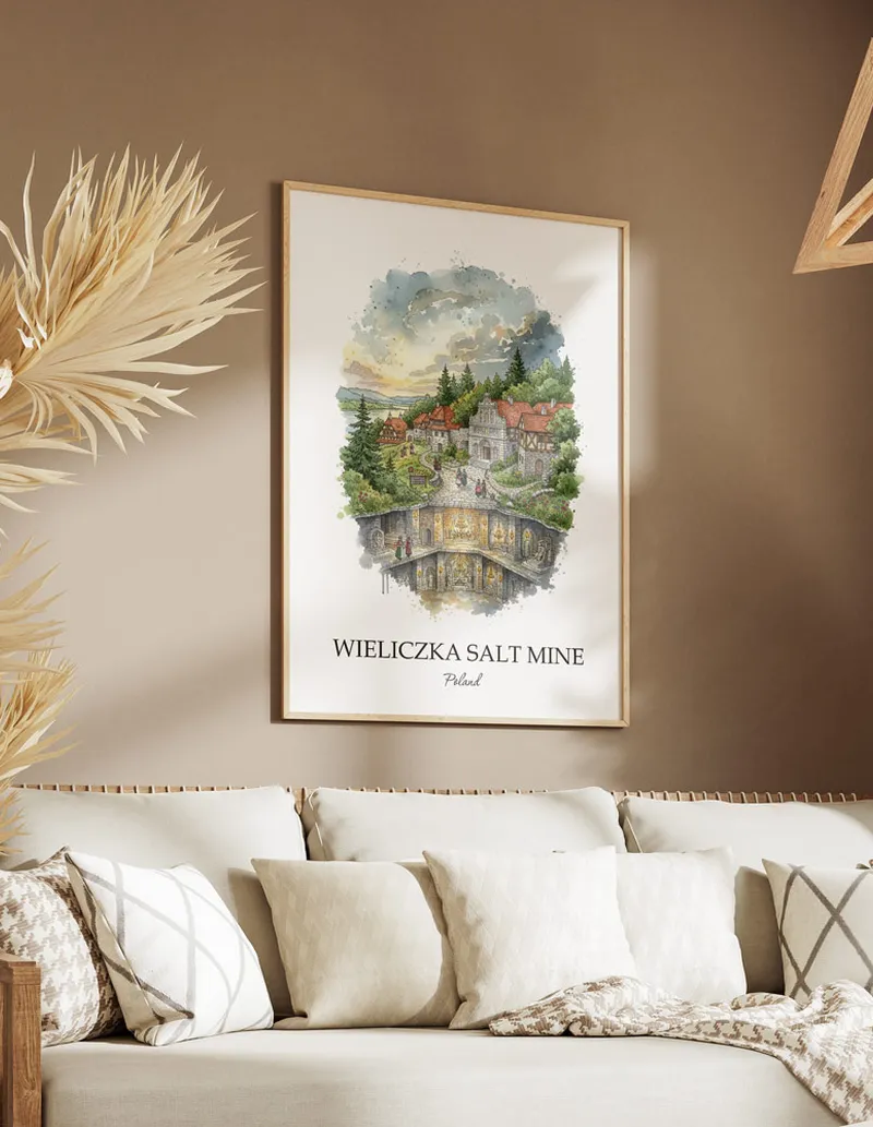 Framed wall art featuring Wieliczka Salt Mine, Poland in a light wood frame hanging above a sofa in a modern living room.