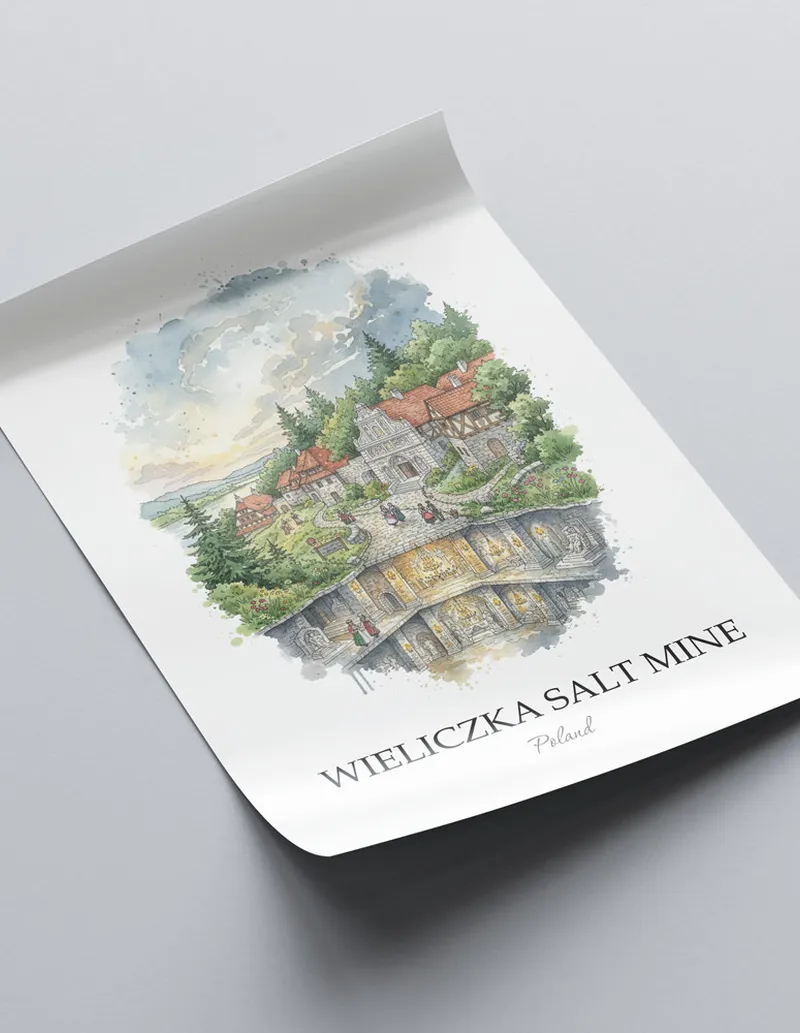 A clean and modern mockup showing a framed Wieliczka Salt Mine, Poland print on a minimalist background.