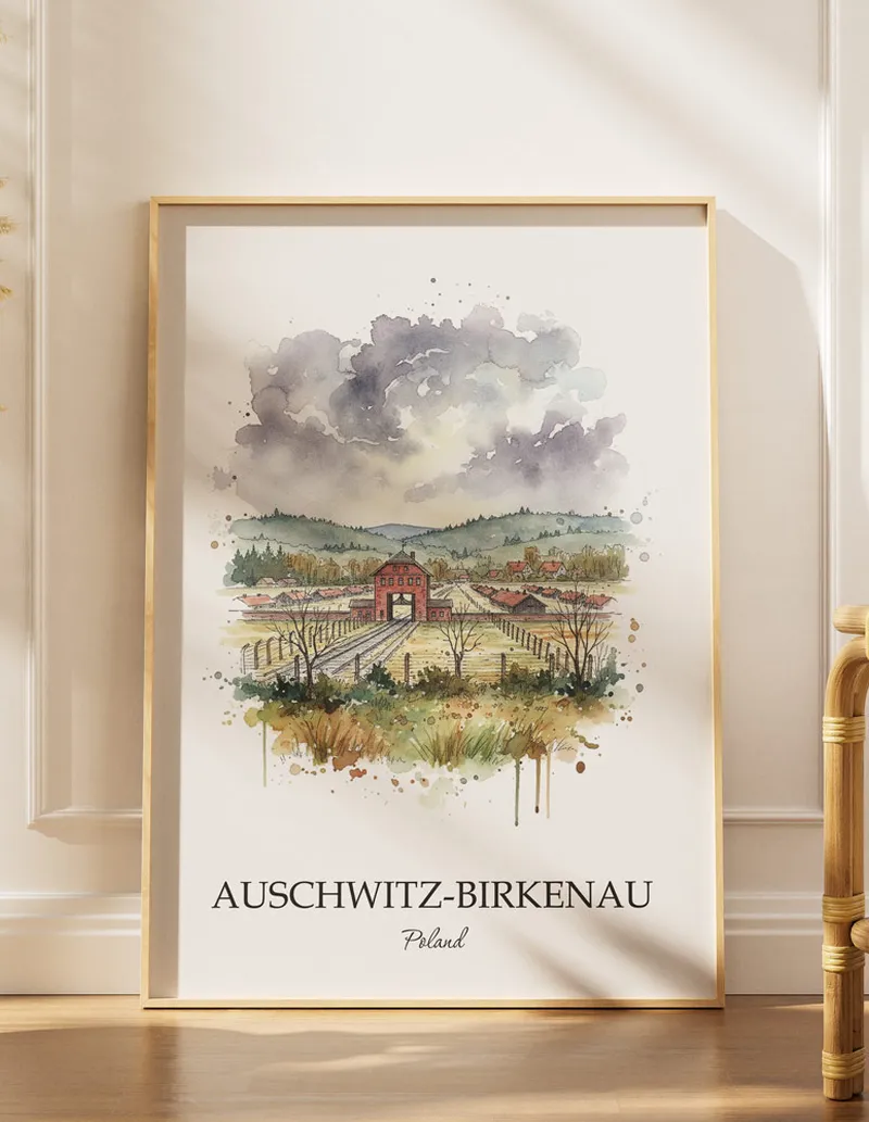 A close-up of a high-quality paper print featuring the Auschwitz-Birkenau in Poland minimalist design.