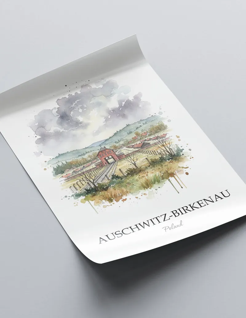 A clean and modern mockup showing a framed Auschwitz-Birkenau, Poland print on a minimalist background.